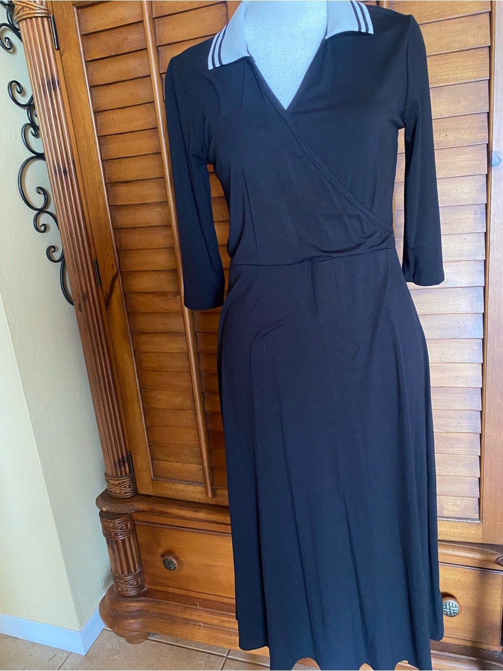 Chico's Black Wrap-Style Midi Dress with Contrasting Light Gray Stripe Collar